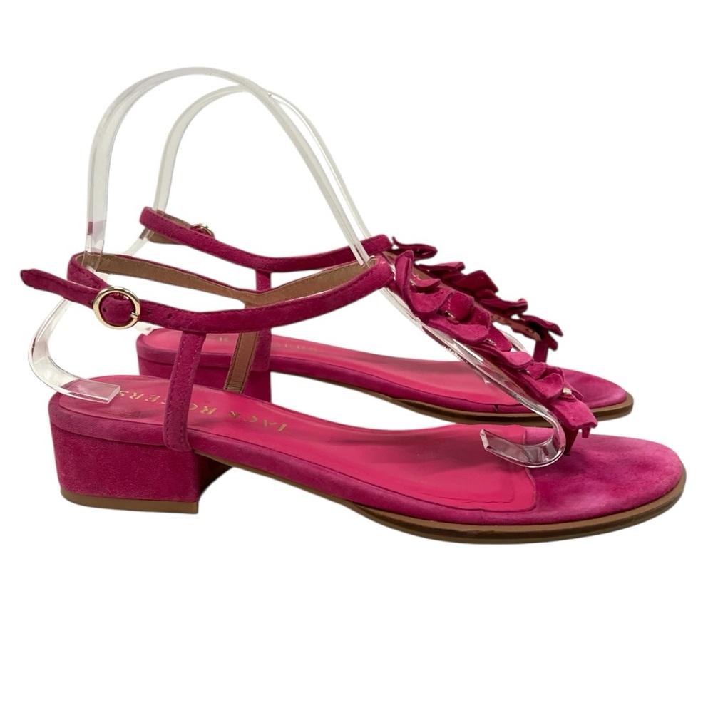 Jack Rogers Fuchsia Pink Suede Block Heel Floral T Strap Sandals Women’s 7.5